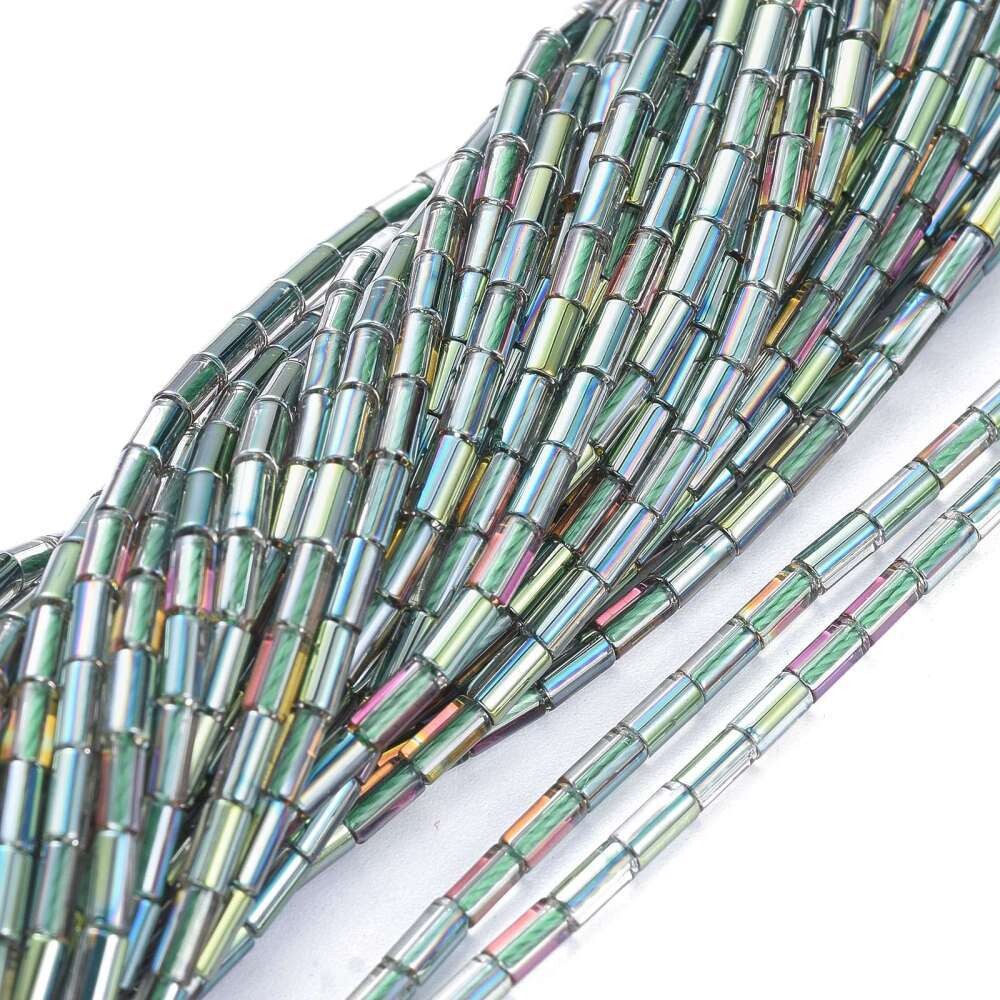 Rainbow Plated Glass Tube Beads in Green, 5x2.5mm 1 Strand