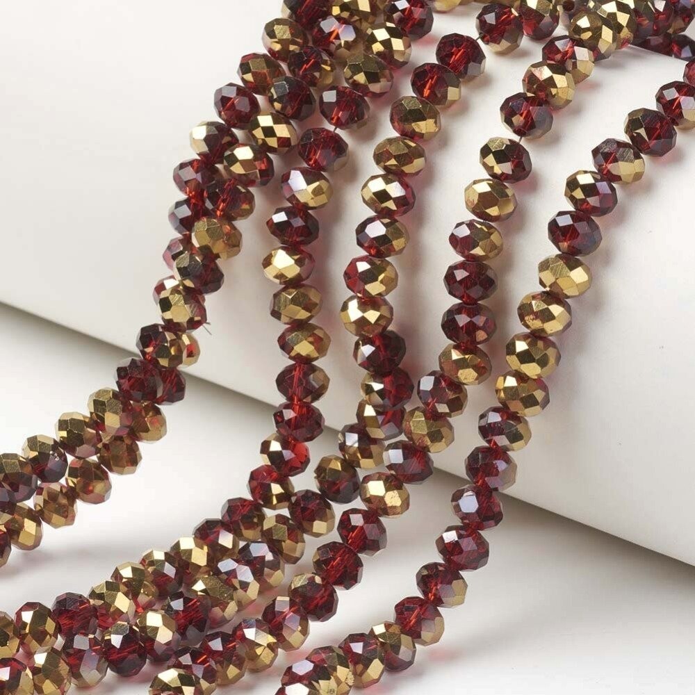 50 x 8x6mm Half Gold Plated Faceted Glass Rondelles in Deep Red