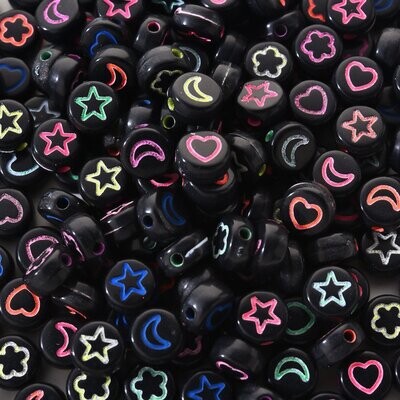 50 x Black Round Beads with Mixed Coloured Motifs, 7x4mm