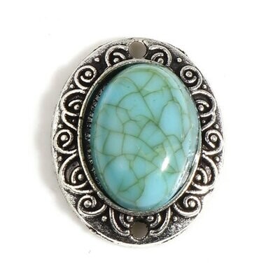 Antique Silver & Turquoise Resin Oval Boho Connectors, 20x16mm