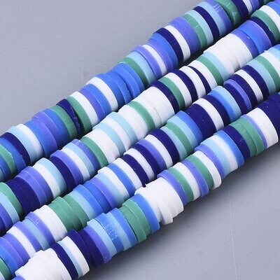Polymer Clay Heishi Bead Strand, Shades of Blue & White, 6mm