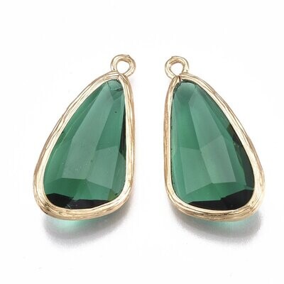 2 x Faceted Glass Teardrop Pendants, Emerald Green, 28x14x6mm