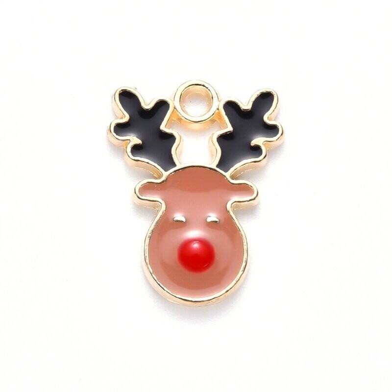 Enamel & Light Gold Christmas Rudolph Charm, 17x13mm