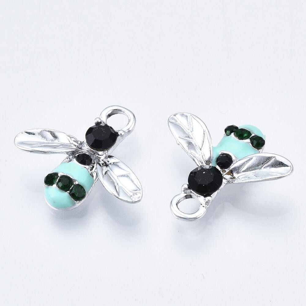 Enamel & Silver Rhinestone Bee Charm/Pendant, 15x16mm