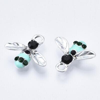 Enamel & Silver Rhinestone Bee Charm/Pendant, 15x16mm