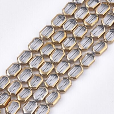 Electroplated Rectangle Glass Beads in Clear Glass with Gold Edging, 9x7x3mm, 1 Strand