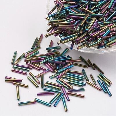 Rainbow Plated Glass Bugle Beads, 9x2mm