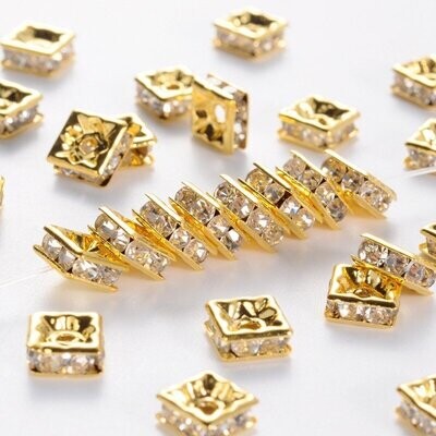 25 x Gold Plated Rhinestone Square Beads, 6mm