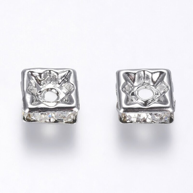 25 x Platinum Rhinestone Square Beads, 6mm
