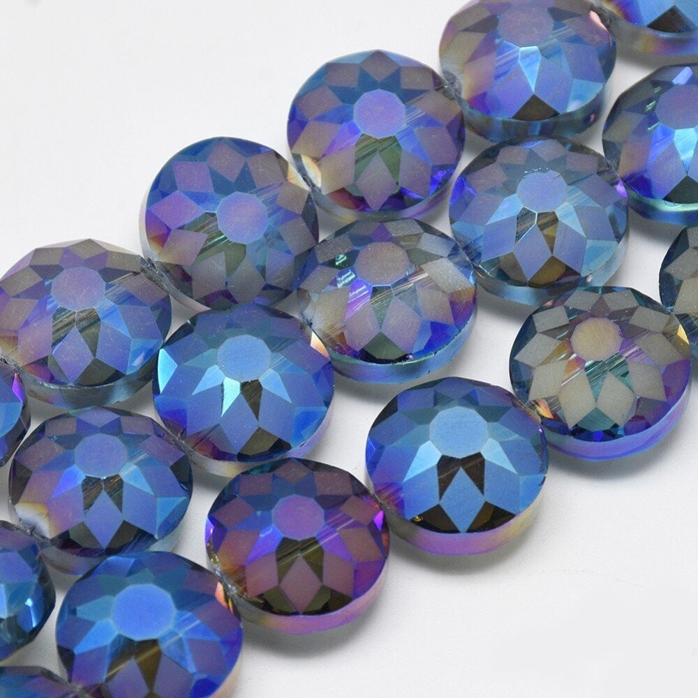 10 x Electroplated Glass Coins, Midnight Blue, 14mm