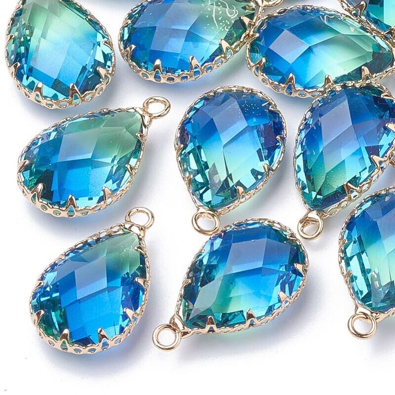 Faceted Glass Pendant in Blue/Green with Gold Frame, 23x14mm