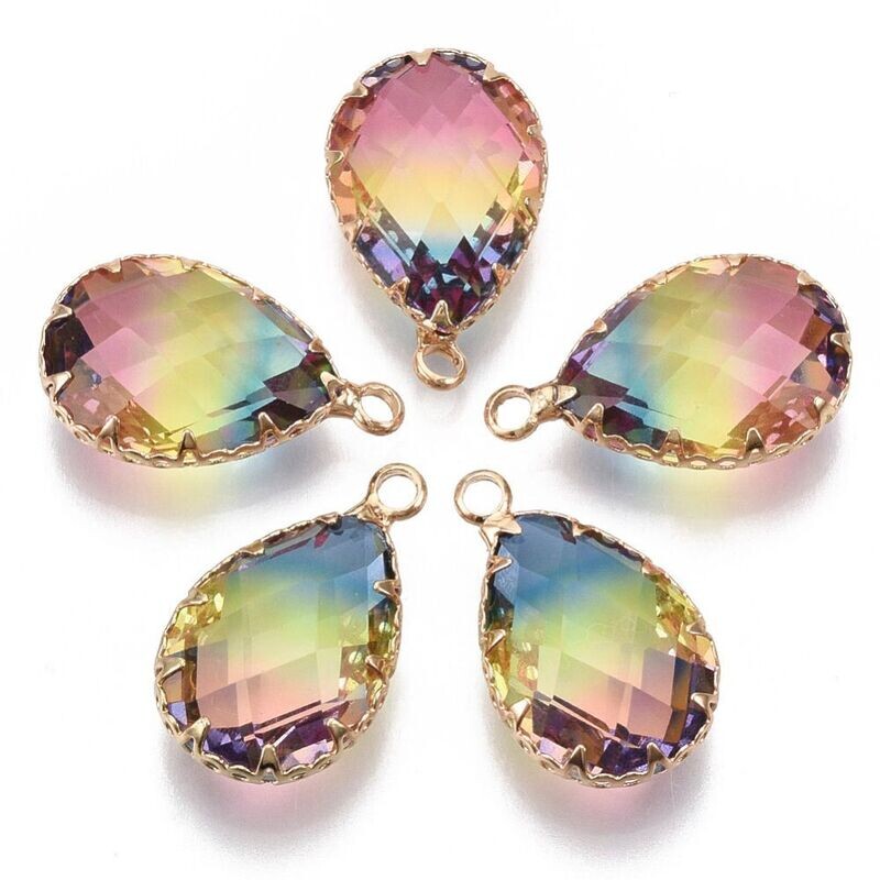 Faceted Glass Pendant in Pink/Lemon/Blue with Gold Frame, 23x14mm