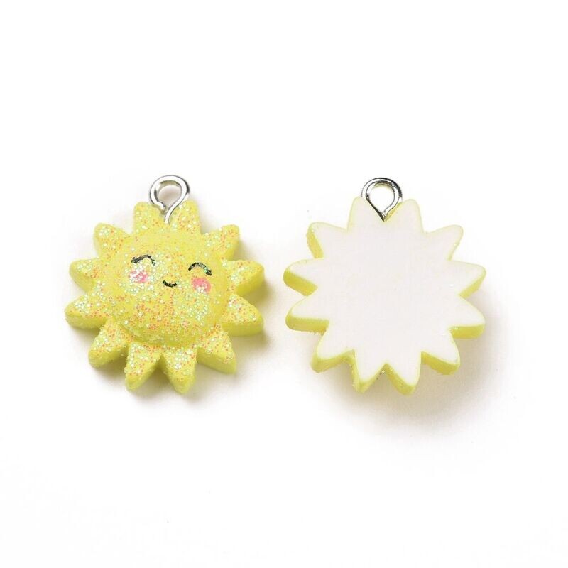 Resin Sun Charm with Glitter, 21x18x7mm