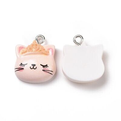 Shiny Resin Cat Charm in Pink, 19x16x5mm