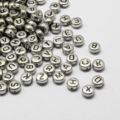 Silver Round Letter Beads, 7x4mm