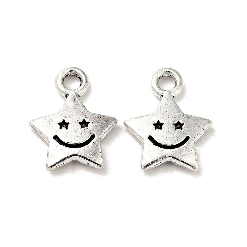 Antique Silver Smiley Face Star Charm, 9x11mm