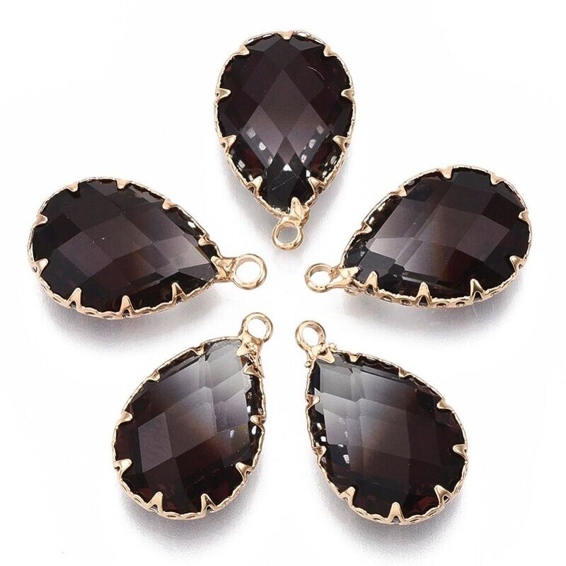 Faceted Glass Pendant in Smoky Black with Gold Frame, 23x14mm