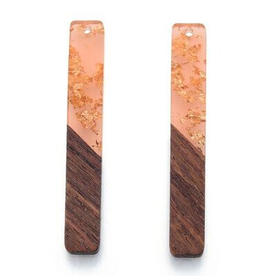 Rectangle Resin & Wooden Pendant, 51x7x3mm, Peach