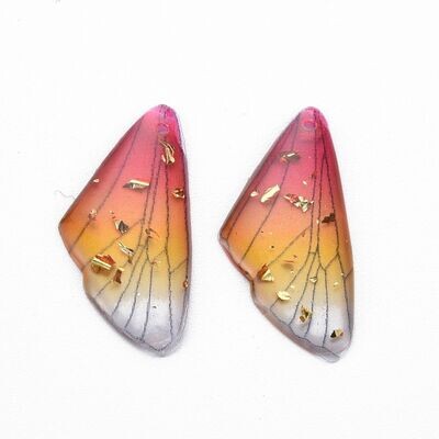 2 x Resin Wings in Pink & Yellow with Gold Glitter, 24x11mm