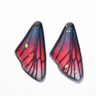 2 x Resin Wings in Blue & Deep Pink with Gold Glitter, 24x11mm