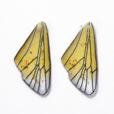 2 x Resin Wings in Yellow with Gold Glitter, 24x11mm