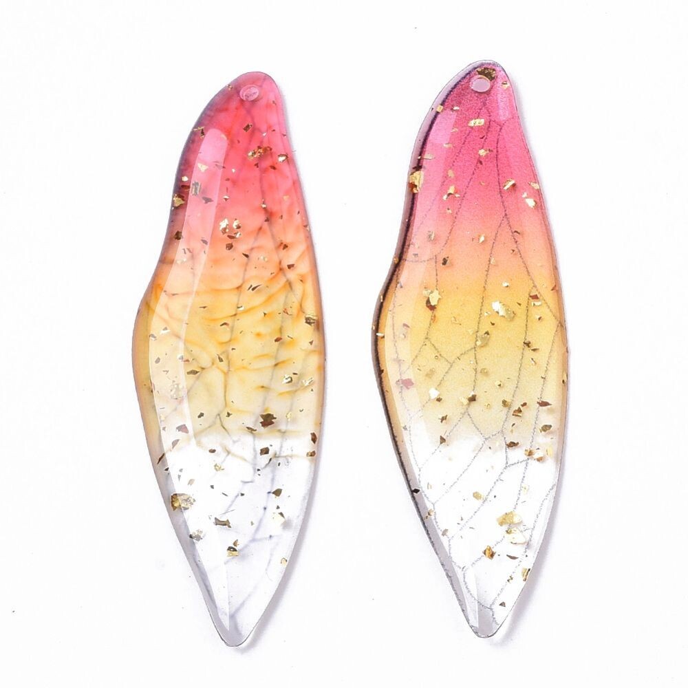 2 x Resin Wings in Yellow & Deep Pink with Gold Glitter, 51x16mm