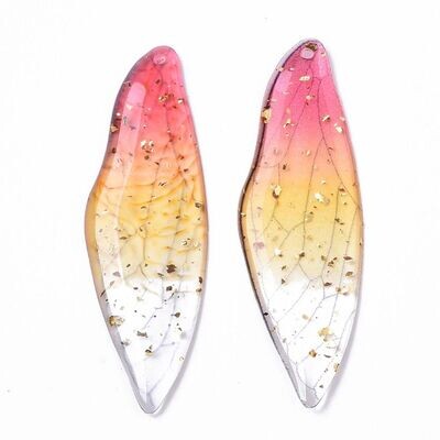 2 x Resin Wings in Yellow & Deep Pink with Gold Glitter, 51x16mm