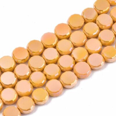 50 x 8x4mm Faceted Glass Coin Beads with AB Plating, Apricot