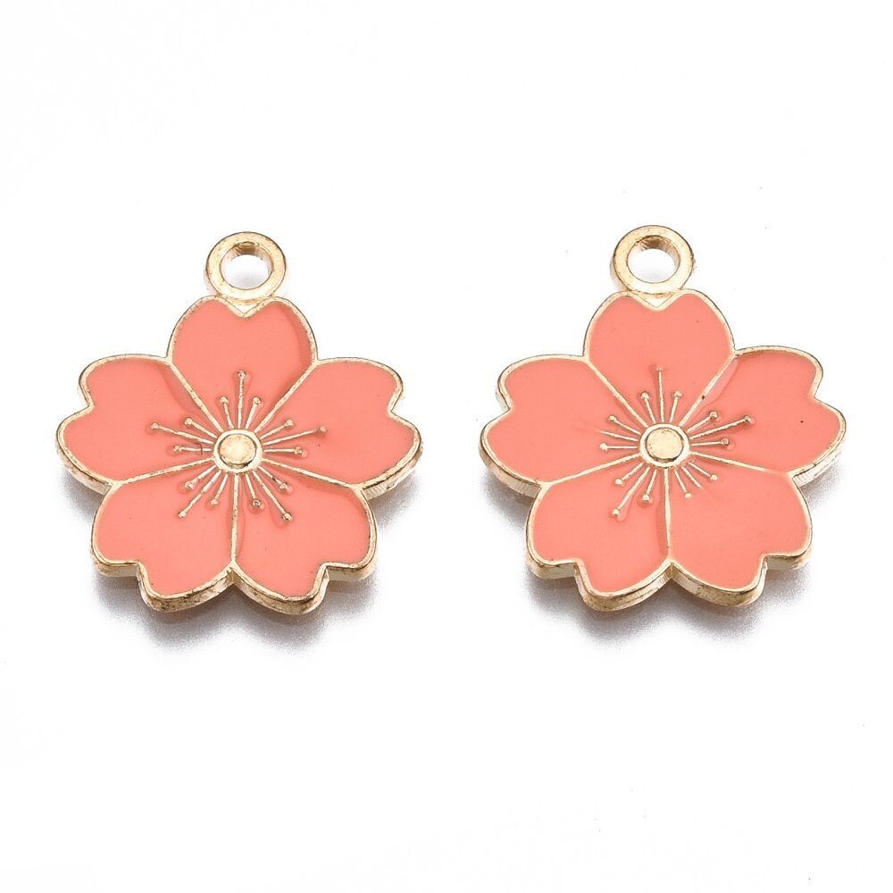 Enamel & Light Gold Flower Pendant/Charm in Peach, 20x17mm