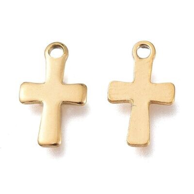 Stainless Steel Cross Charm, Gold Plated, 12x7mm