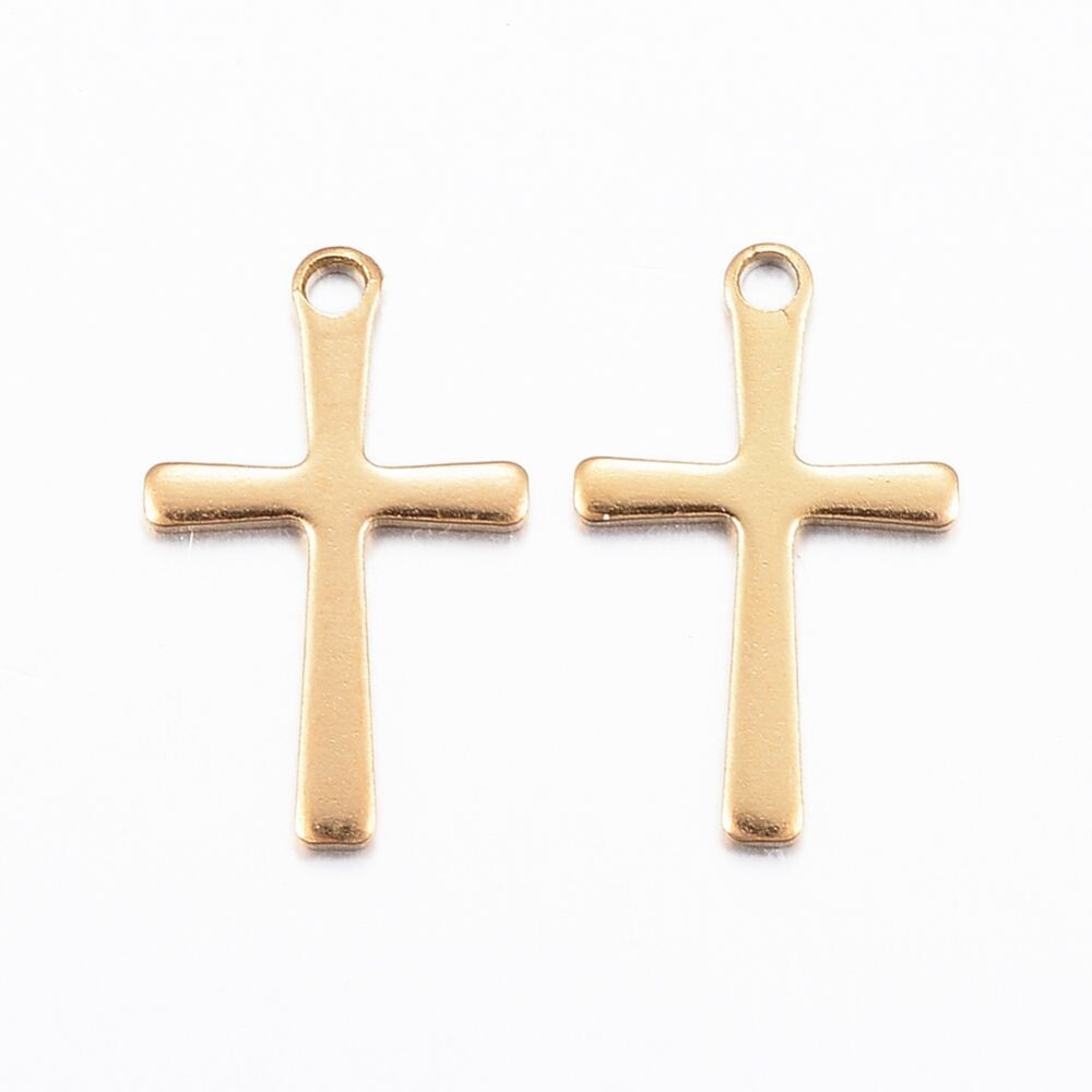 Stainless Steel Cross Charm, Gold Plated, 15x9mm