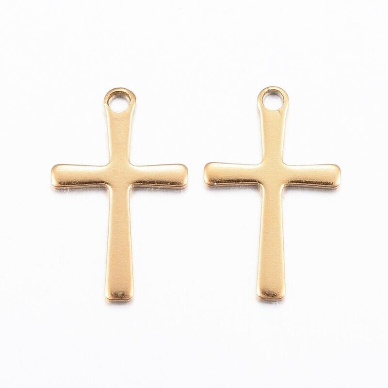 Stainless Steel Cross Charm, Gold Plated, 15x9mm