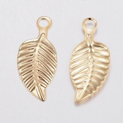 Stainless Steel Leaf Charm, Gold Plated, 15x6mm
