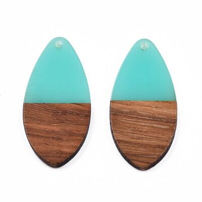 Teardrop Resin & Wood Pendant, 38x18x3mm, Turquoise