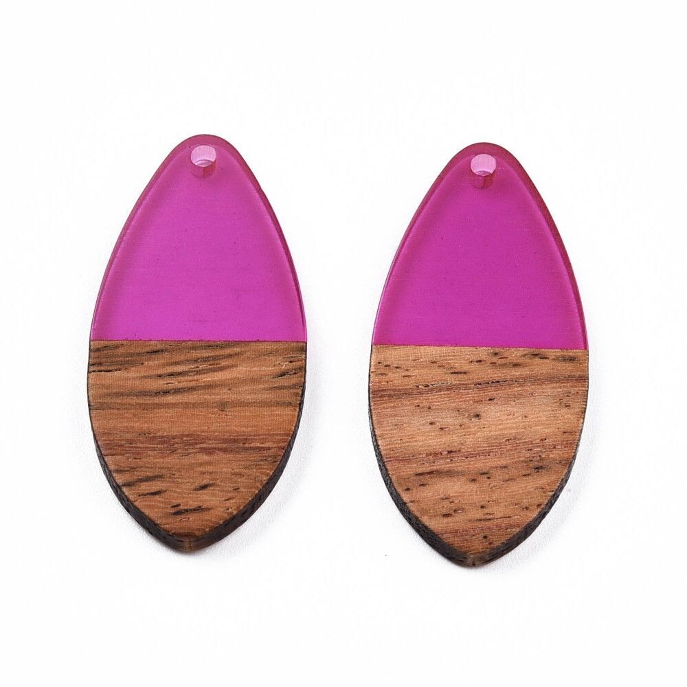 Teardrop Resin & Wood Pendant, 38x18x3mm, Fuchsia Pink