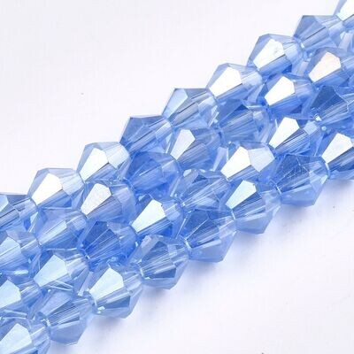 6mm AB Plated, Faceted Bicone Crystals in Blue