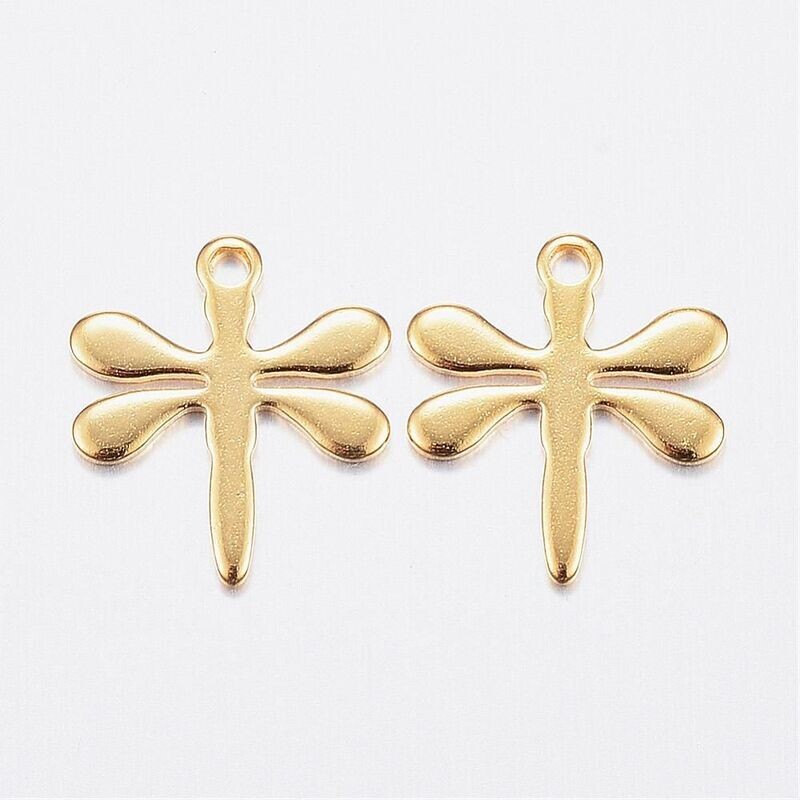 Stainless Steel Dragonfly Charm, Gold Plated, 12x10mm
