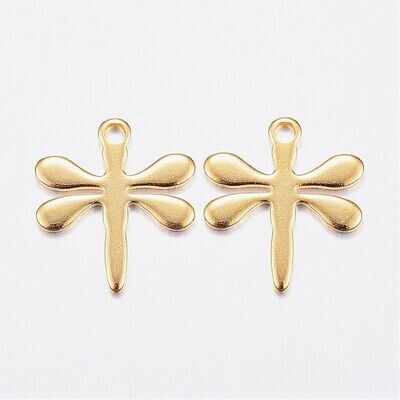 Stainless Steel Dragonfly Charm, Gold Plated, 12x10mm
