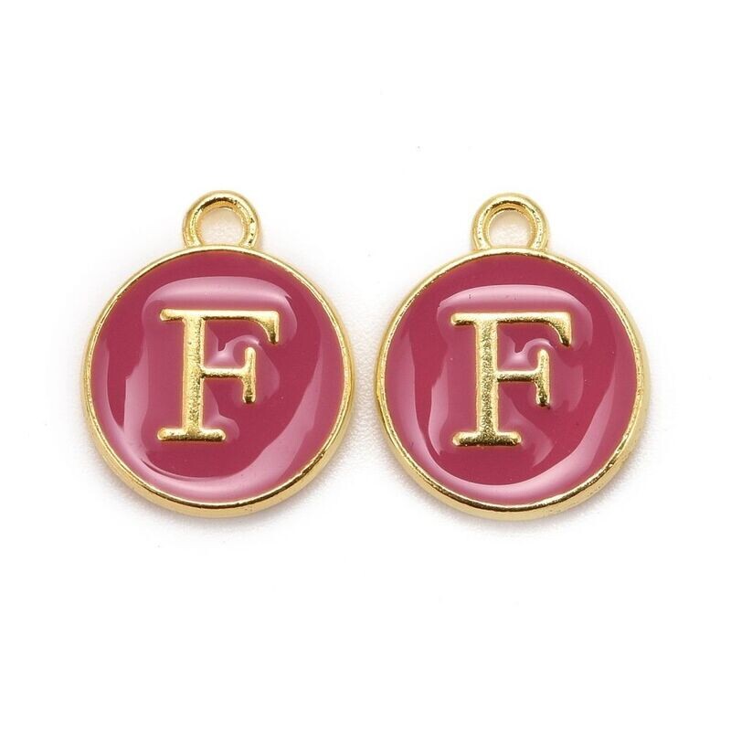 Enamel &  Gold Letter Charm, F, 14x12x2mm
