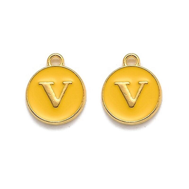 Enamel &  Gold Letter Charm, V, 14x12x2mm