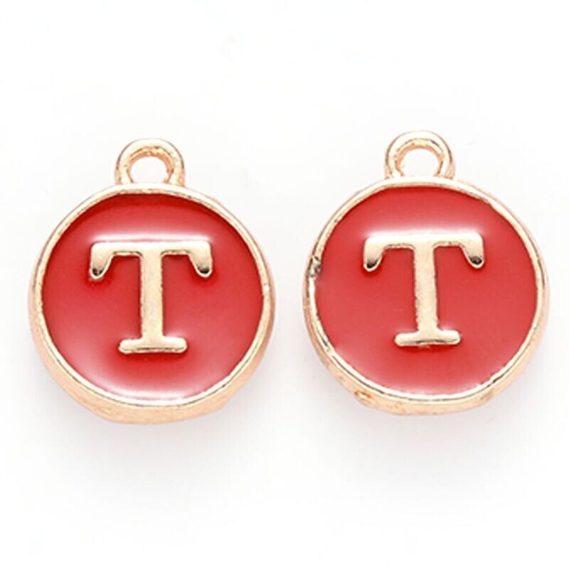 Enamel &  Gold Letter Charm, T, 14x12x2mm