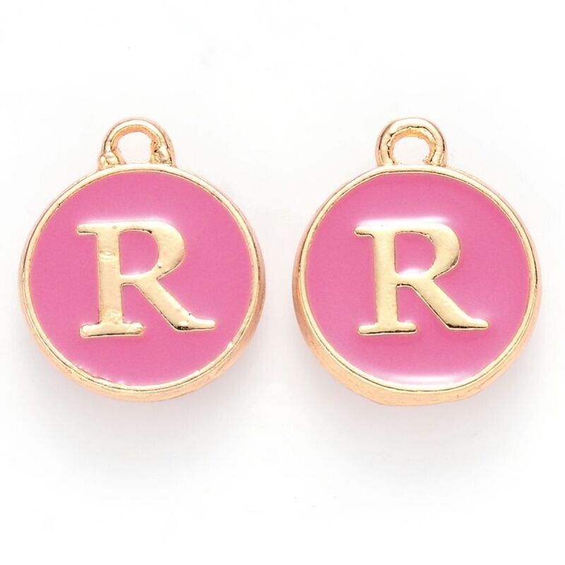 Enamel &  Gold Letter Charm, R, 14x12x2mm