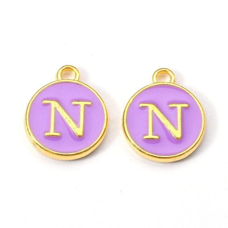 Enamel &  Gold Letter Charm, N, 14x12x2mm