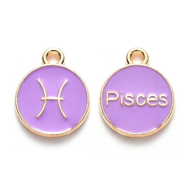 Enamel &  Gold Zodiac Pendant/Charm, Pisces, 22x18x2mm