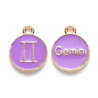 Enamel & Gold Zodiac Pendant/Charm, Gemini, 22x18x2mm