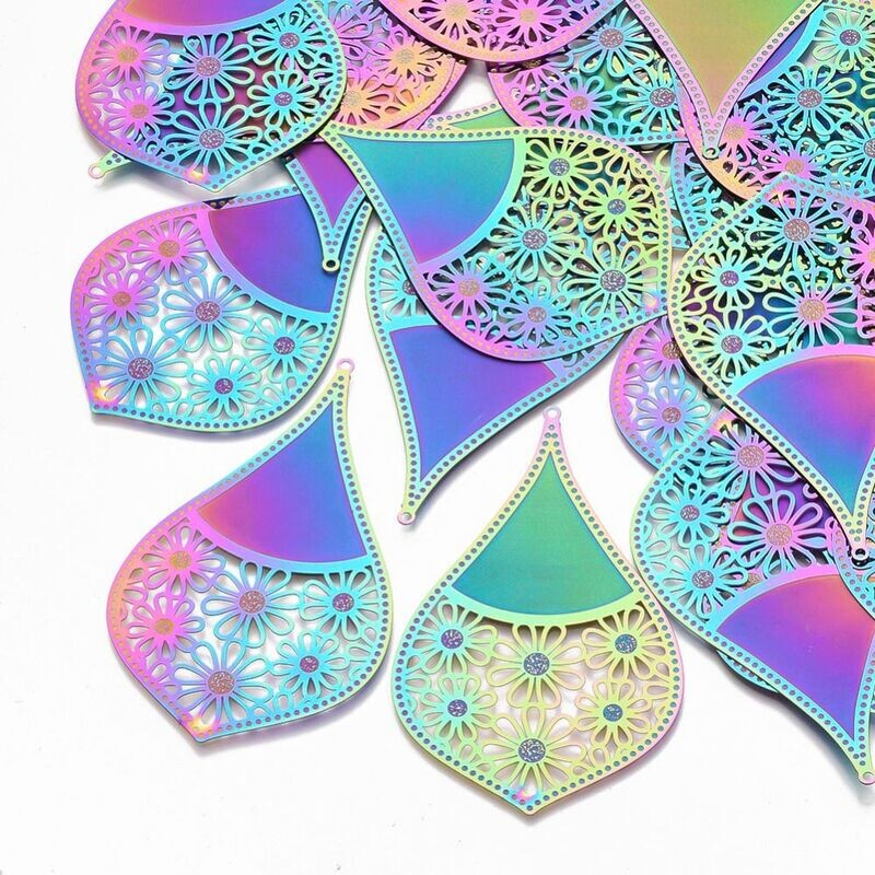 Stainless Steel Rainbow Teardrop Pendant, 54x34mm