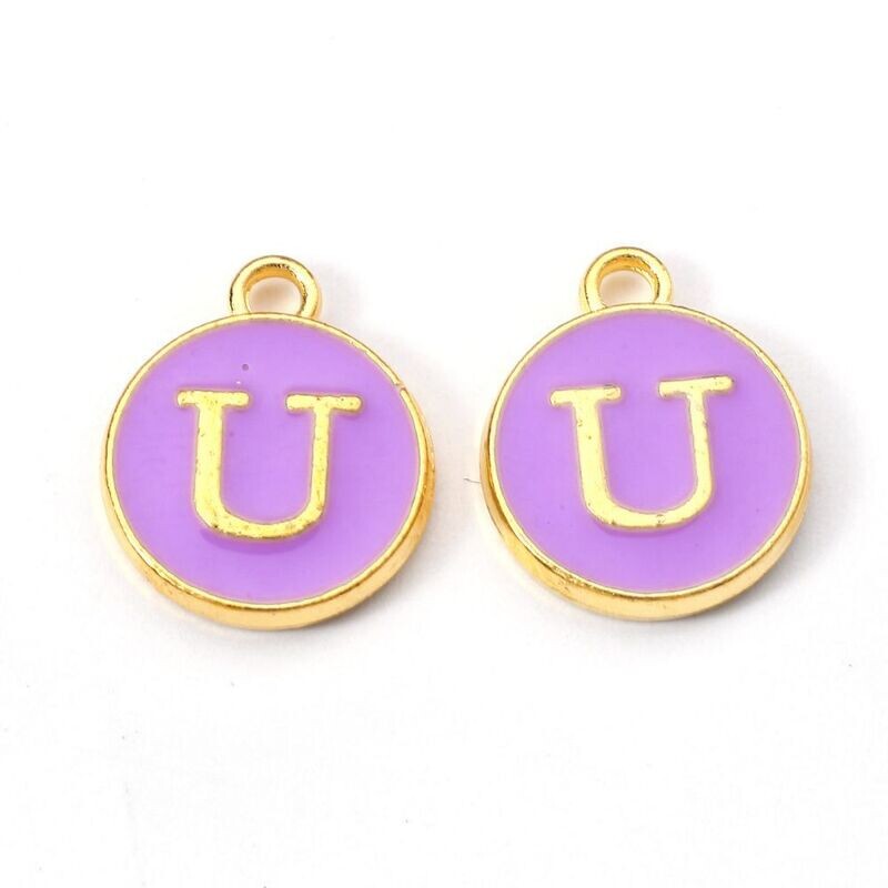 Enamel &  Gold Letter Charm, U, 14x12x2mm