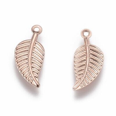 Stainless Steel Leaf Charm in Light Rose Gold, 14x6mm