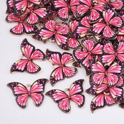 Enamel & Gold Painted Butterfly Charm in Fuchsia Pink, 15x22mm
