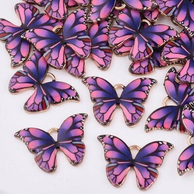 Enamel & Gold Painted Butterfly Charm in Pink & Purple, 15x22mm